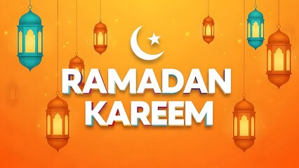 Ramadan kareem celebration with crescent moon and traditional islamic lanterns displayed