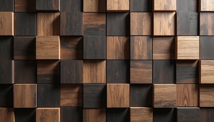 Pattern of dark and light wooden cubes forms a textured background. Natural wood grain shows in alternating blocks. Geometric wall design creates depth and contrast.