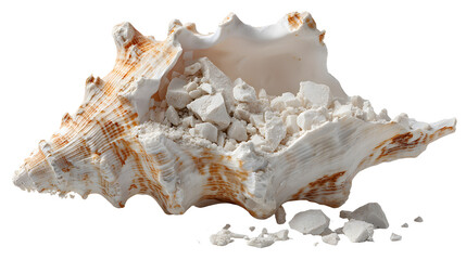 Large seashell crushed into calcium fragments on a beach with white background with ocean and coast and shoreline and nature and marine and broken