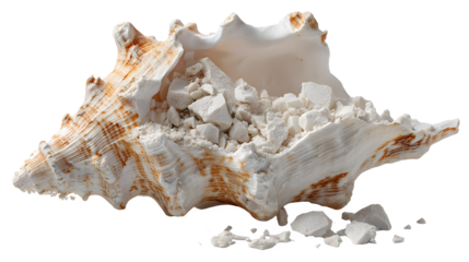 Large seashell crushed into calcium fragments on a beach with white background with ocean and coast and shoreline and nature and marine and broken