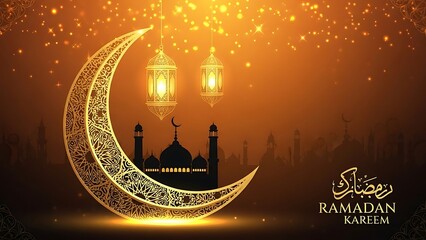 Golden crescent moon lanterns and mosque silhouette for ramadan kareem celebrations