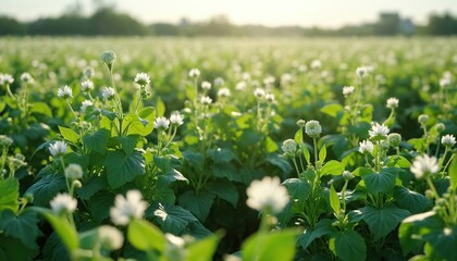 White pea flowers bloom in a vast green field at sunrise. Gentle wind moves plants on farmland. Healthy legume crop grows in sunlight, preparing for harvest.