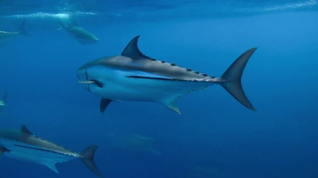 High-speed tuna cutting through deep ocean water with smooth camera tracking, dynamic cinematic 4K loop.
