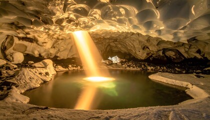Ice cave with sunbeam shining through icy ceiling