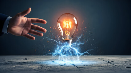 Hand Reaching for Glowing Light Bulb with Electric Energy