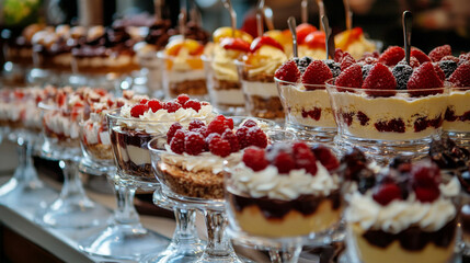 Assorted desserts served in elegant glass bowls arranged on a table, showcasing colorful layers, textures, and sweet variety for a tempting dessert display.
