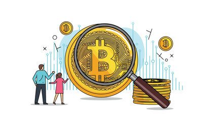 Illustration of a man and a girl looking at a giant golden Bitcoin through a magnifying glass to symbolize research.