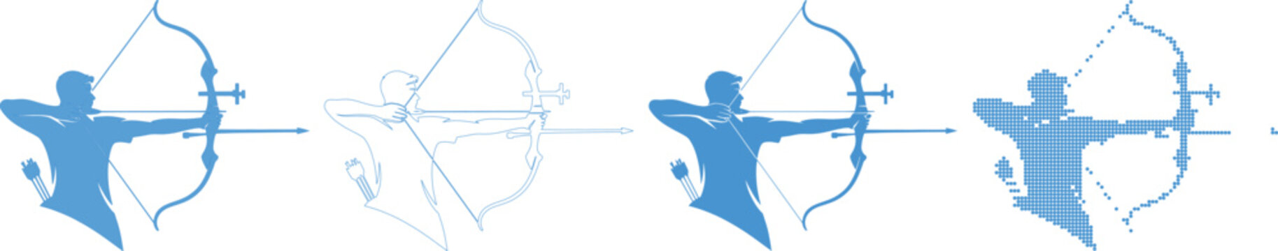Four blue archer silhouettes in different styles aiming bows archery arrow