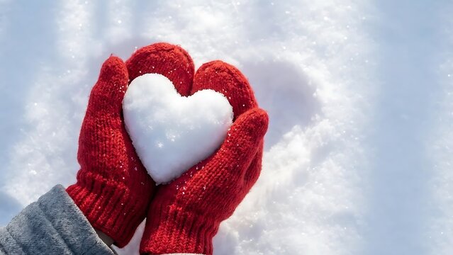 person wearing red knitted gloves holding white heart shaped snow in hands on snowy background