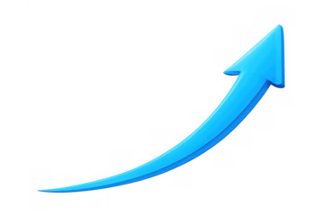 Blue curved arrow pointing up, symbolizing business growth, financial success, market progress, and increasing profits