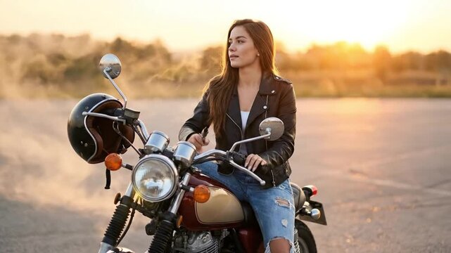 A confident young woman sits astride a classic motorcycle, exhaling a plume of vapor into the warm, golden light of dawn or dusk. Dressed in a stylish black leather jacket and ripped jeans, she embodi