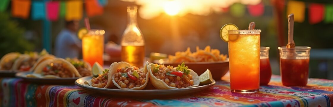 Mexican fiesta with tacos and drinks at sunset. Colorful flags overhead and festive tablecloth. People gather for outdoor celebration with food and beverages.