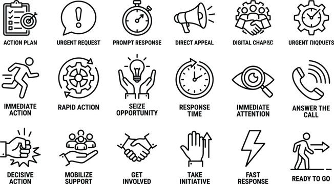 Urgent action and rapid response line icons set for business communication initiative decision making time management concept strategy productivity workflow