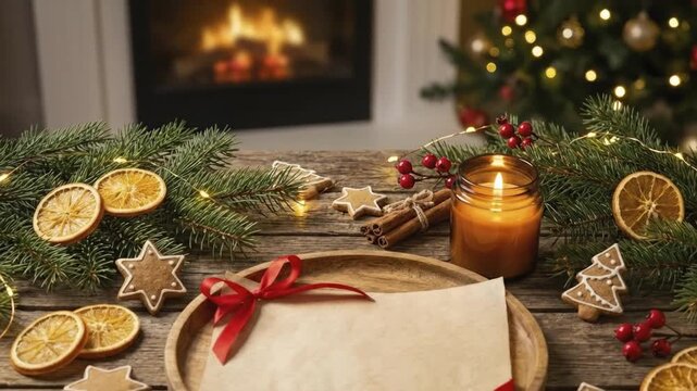 A cozy, festive holiday scene featuring a beautifully decorated rustic wooden table, perfect for evoking warmth and seasonal cheer. Pine branches adorned with delicate string lights frame the composit
