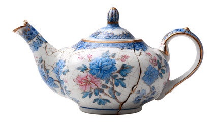 Vintage broken porcelain teapot with floral pattern and gold trim on white background, damaged antique china tea pot with cracked surface and handle snapped off