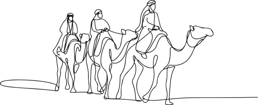 Arab men riding camels in desert.one line vector illustration with out background