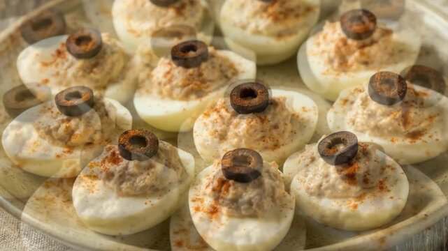 A delectable close-up shot of perfectly prepared deviled eggs arranged neatly on a rustic ceramic plate. Each hard-boiled egg half is generously filled with a creamy, seasoned yolk mixture, topped wit