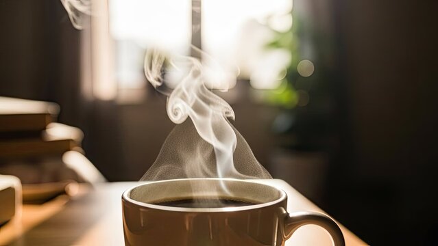 Steaming cup of coffee on a wooden desk, bathed in warm morning sunlight - Powered by Adobe