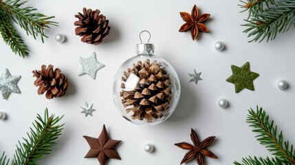Decorative Christmas Ornament with Pine Cones Surrounded by Greenery and Festive Elements for Holiday Celebrations