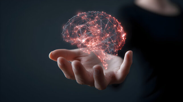 Hand holding digital brain - Powered by Adobe