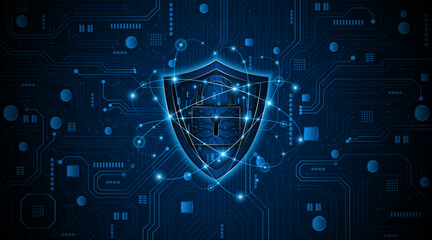 Abstract technology circuit board background. Cyber ​​security concept with shield symbol and lock. Data protection and cyber privacy. modern security technology innovation concept background