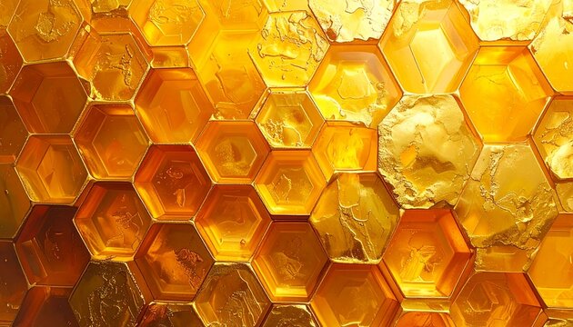 Close-up view of a honeycomb with golden hexagonal cells filled with honey, showcasing a warm and natural texture.