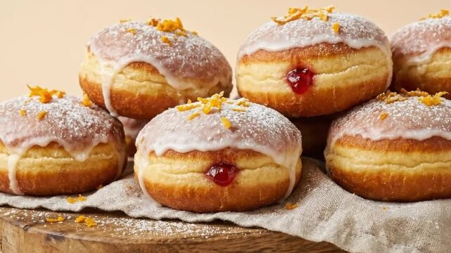 A delightful arrangement of freshly baked, fluffy round pastries, generously coated with sweet white glaze and a delicate dusting of powdered sugar. Several pastries are adorned with vibrant orange ze