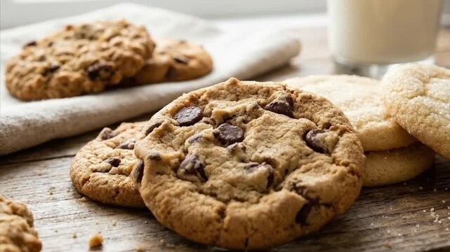 A delightful arrangement of freshly baked cookies showcased on a rustic wooden table. The foreground features a close-up of a tempting chocolate chip cookie with rich, gooey morsels, alongside a stack