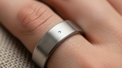 Close-up of a contemporary brushed metal smart ring with a glowing blue indicator light worn on a finger, showcasing personal wearable technology and digital connection