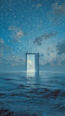 Mysterious Door Floating on Ocean at Night