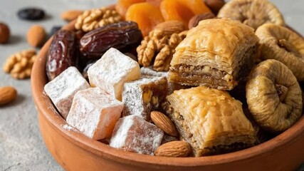 A delightful assortment of traditional Middle Eastern and Mediterranean desserts and dried fruits is beautifully arranged in a rustic terracotta bowl. This inviting close-up shot showcases golden, hon