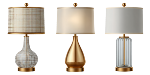 Set of Classic Gold Table Lamps with Varied Shades on Transparent Backdrop