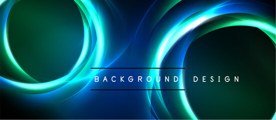 Abstract neon lines create dynamic circular shapes. Dark background emphasizes bright turquoise, green hues. Modern design element.