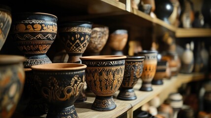 Hand-painted terracotta pottery display on wooden shelves