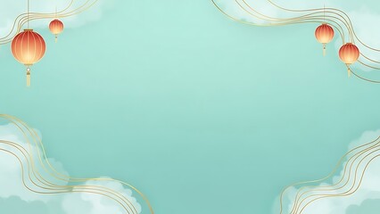 Elegant background with hanging lanterns and stylized clouds for festive designs
