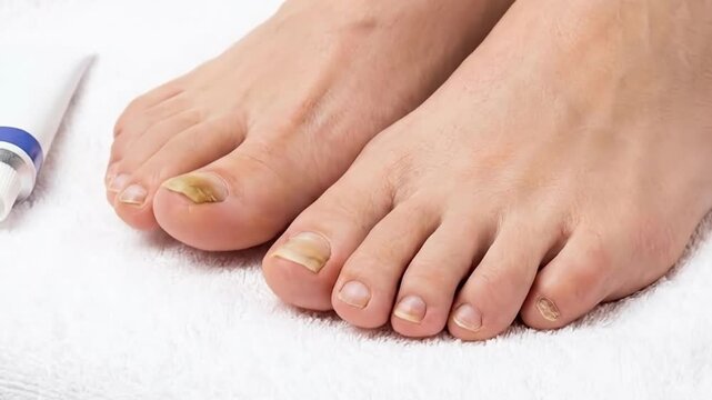 A detailed close-up shot of bare feet resting on a plush white towel, prominently displaying toenails with noticeable discoloration and a thickened appearance, indicative of a common nail condition. B