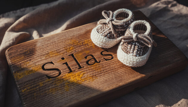 Baby name Silas engraved on a wooden plaque with knitted baby shoes. Image for baby name reveal