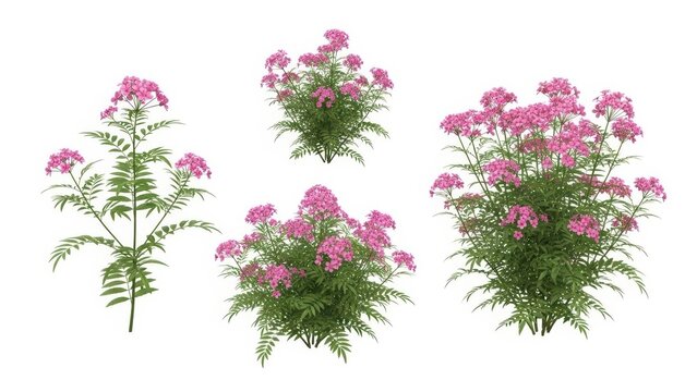 Pink Yarrow Plants Isolated on White, Achillea Millefolium, Flower Garden