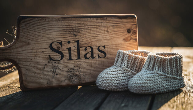 Baby name Silas engraved on a wooden plaque with knitted baby shoes. Image for baby name reveal