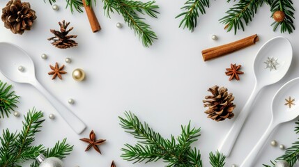 Christmas Themed Kitchen Decor with Spruce Greenery, Spoons, and Natural Elements for Festive Celebrations and Cooking Activities