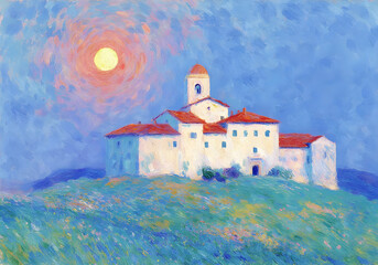 Impressionist painting of sunny hill landscape with white village and red roofs under blue sky