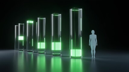 A human figure stands beside a series of glowing green bar graphs on a dark reflective surface