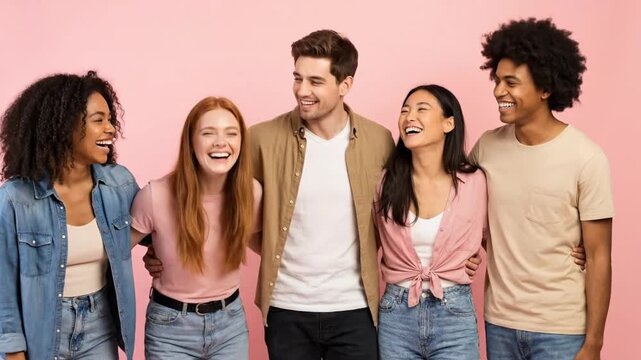 A diverse and joyful group of five young adults, consisting of three women and two men, stand closely together, linking arms and shoulders against a vibrant pink studio background. They are captured m
