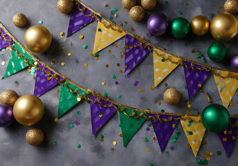 Carnival party garland with gold, green, and purple flags, glitter balls, and confetti on gray festive background