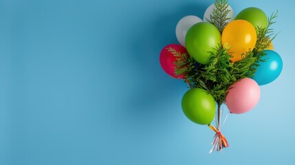 Colorful Balloons and Greenery Arrangement on a Blue Background Perfect for Celebrations and Events