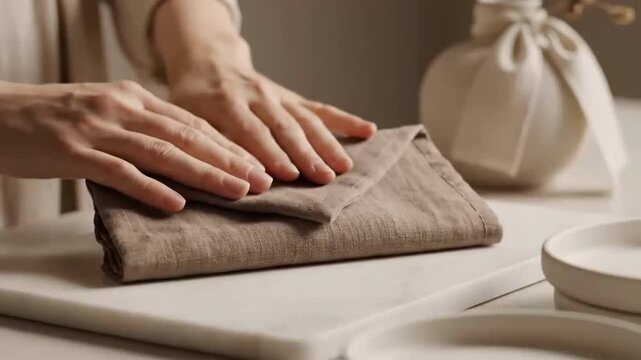Careful Folding and Organizing of Textured Cloths for Elegant Home D?cor Arrangement