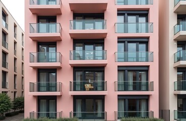 Obraz premium Modern apartment building features vibrant pink facade with multiple balconies, large glass windows. Contemporary residential block with sleek design, clean lines. Urban housing with aesthetic appeal.