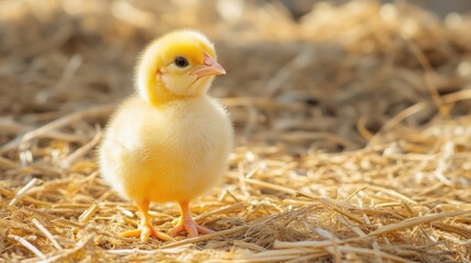 A Fluffy Yellow Chick Standing on Straw