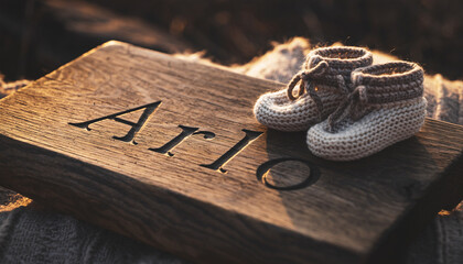Baby name Arlo engraved on a wooden plaque with knitted baby shoes. Image for baby name reveal