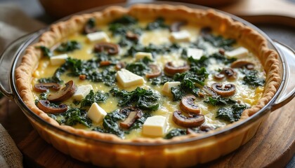 Savory quiche baked in glass pie dish. Golden crust holds creamy egg filling with spinach mushrooms and feta cheese cubes. Fresh wholesome lunch or dinner dish presented on wooden board.